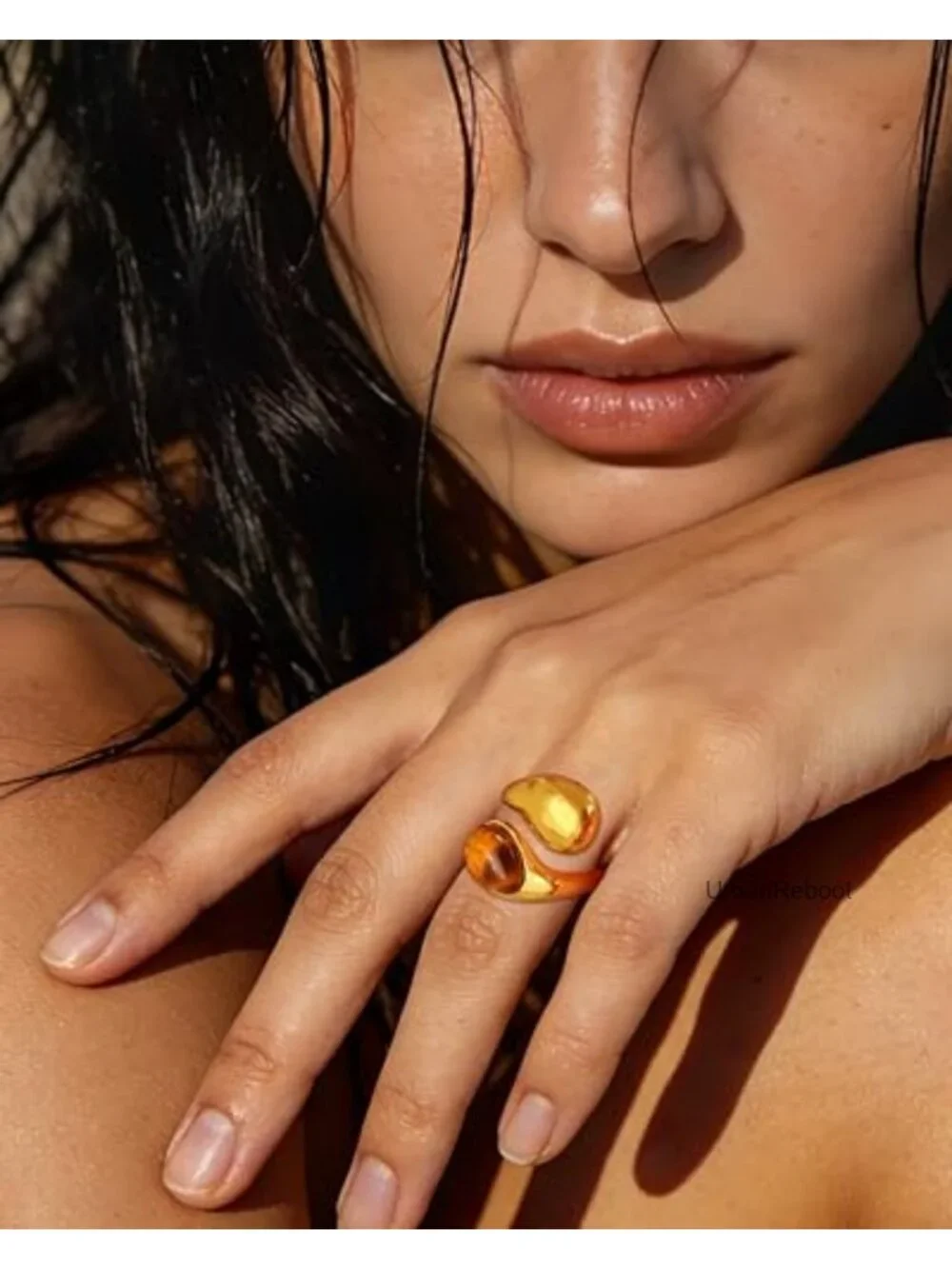 14K Gold Plated Tiger Eye Stone Chunky Open Ring Vintage Boho Adjustable